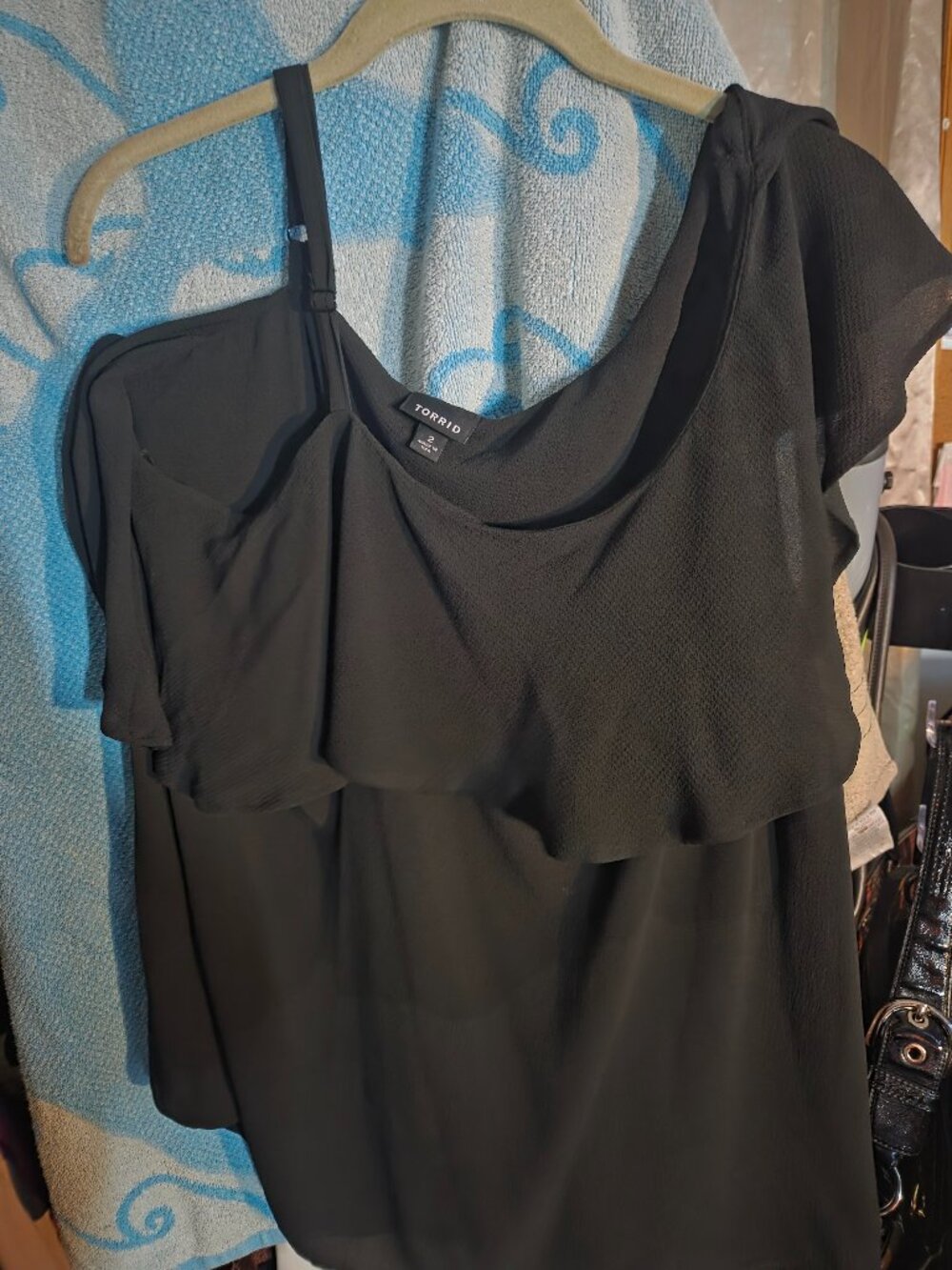Georgette One Shoulder Top Black Ruffle - Picture 2 of 3
